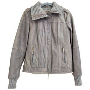 Eddie Bauer Grey Leather Jacket with Knit Trim – Women’s Small